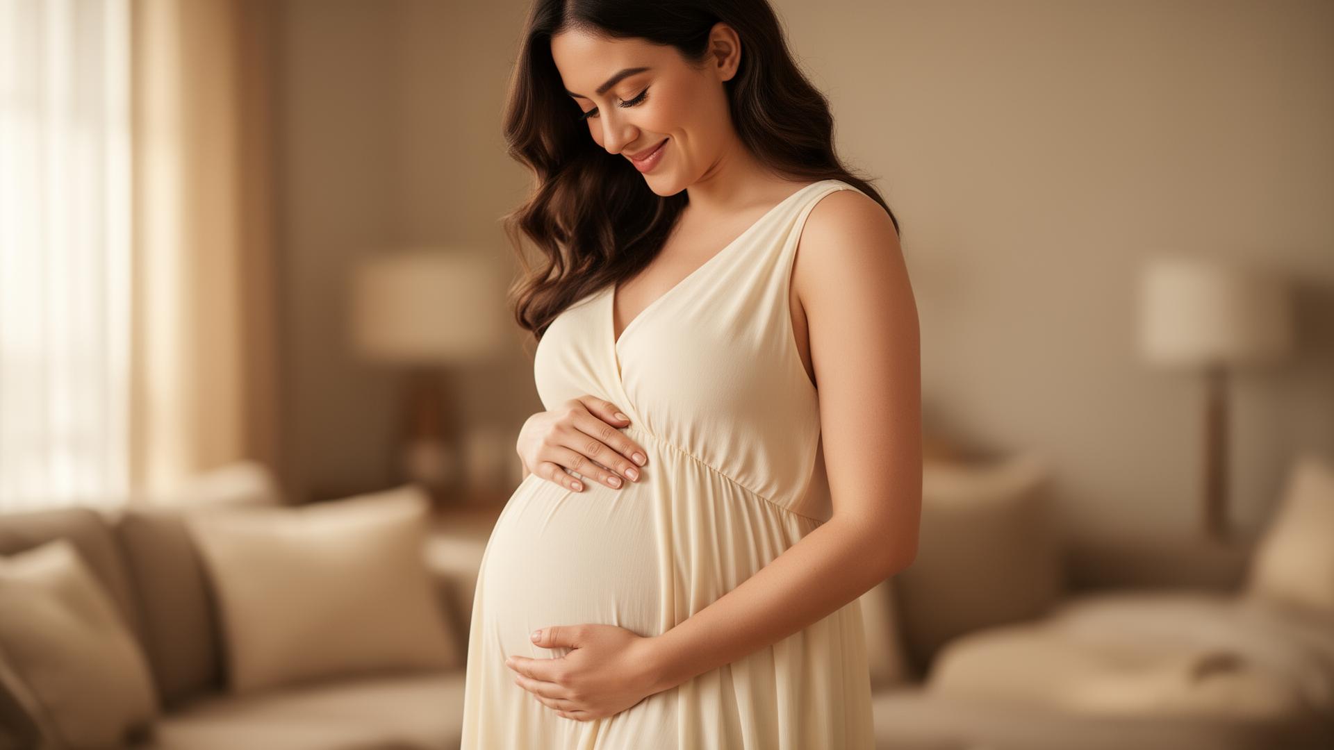 Gestante sorrindo com as mãos na barriga